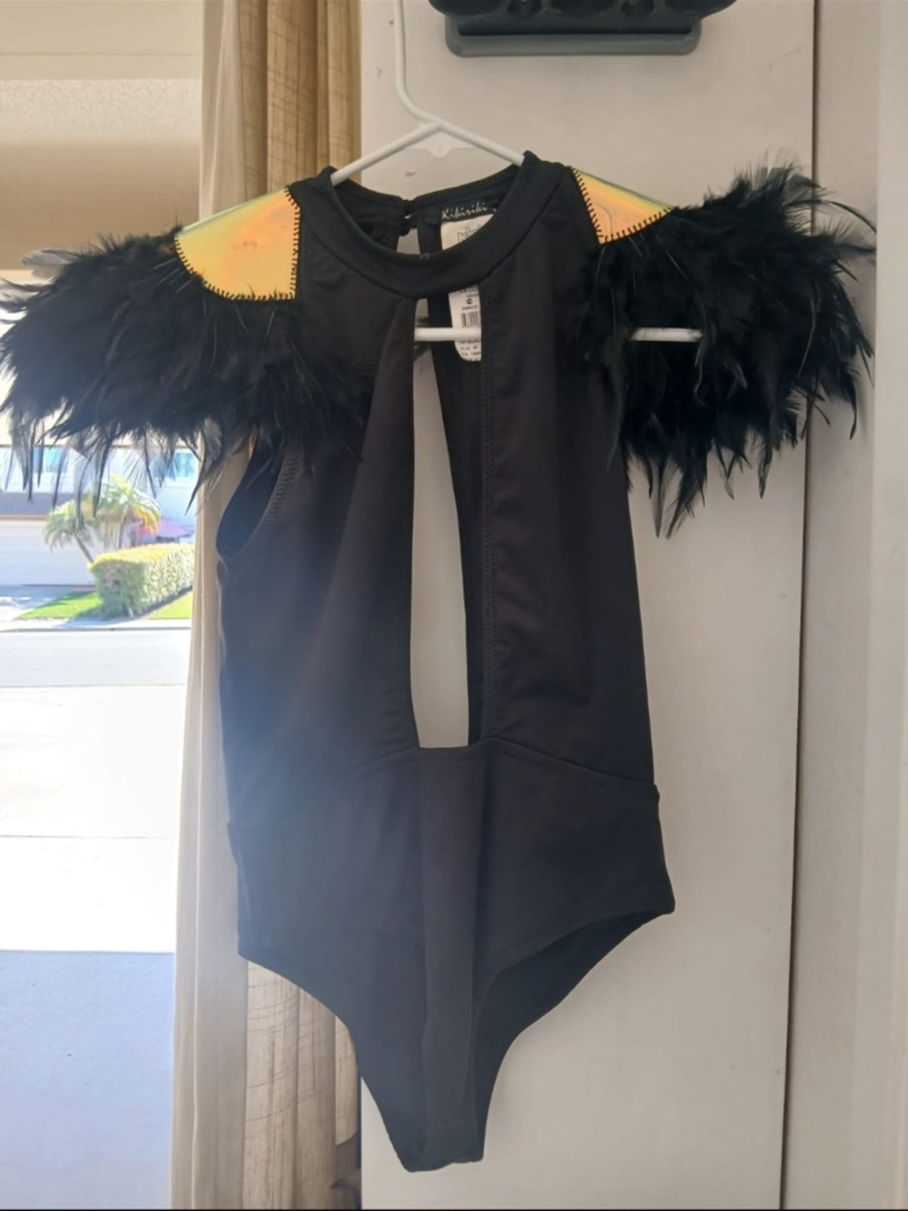 Kids Black Feather-Trim Costume Bodysuit with Gold Accent